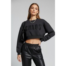 Lupinn Kadın Antrasit Crop Sweatshirt , Yeni Sezon Pamuklu Yazı Detaylı Kadın Sweatshirt