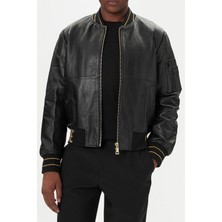 Versace Erkek Regular Fit Altın Jakarlı Ribanalı Deri Bomber Ceket - Siyah