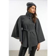 Zeynep Öykü Style Kadın Antrasit Dik Yaka Kuşak Detaylı Tasarım Kaşe Panço