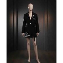 Angel Leon Dream Siyah Uzun Blazer Ceket Yazı ve Broş Detaylı