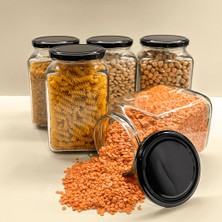 Sarkap 5'li 1000 ml Kapaklı Köşeli Cam Kavanoz - Siyah Kapaklı