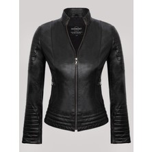 Hakiki Deri Siyah Bel Işlemeli Fermuarlı Kadın Deri Ceket