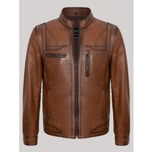 Hakiki Deri Taba Dik Yaka Fermuarlı Erkek Deri Ceket