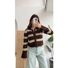 Nisan Kadın Ajurlu Delikli Çizgili Hırka Kahverengi