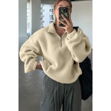Ghassy Co. Kadın Ultra Isı Peluş Sherpa Oversize Yarım Metal Fermuar Lastik Ayarlı Polar Sweatshirt