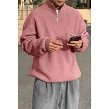 Ghassy Co. Erkek Ultra Isı Peluş Sherpa Oversize Yarım Metal Fermuar Lastik Ayarlı Polar Sweatshirt