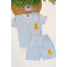 Dinamik çocuk Çocuk Unısex Ayıcık Nakışlı Çizgili 2'li Alt Üst Takım Erkek/kız Yazlık Ince Kısa Kollu