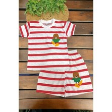 Dinamik çocuk Çocuk Unısex Çizgili Nakışlı 2'li Alt Üst Takım Yazlık Ince Kısa Kollu