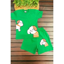 Dinamik çocuk Unısex Çocuk Köpek Baskılı Alt Üst 2li Takım Yazlık Ince Kısa Kollu