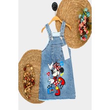 Dinamik çocuk Kız Çocuk Kot Jile Salopet Minnie Mouse Baskılı Denim Elbise