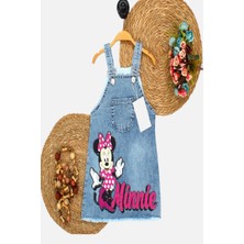 Dinamik çocuk Kız Çocuk Kot Jile Salopet Minnie Mouse Baskılı Denim Elbise