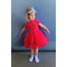 Dinamik çocuk Kız Çocuk Kirazlı Kısa Kollu Tütülü Astarlı Elbise Özel Gün Doğum Günü Prenses