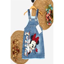 Dinamik çocuk Kız Çocuk Kot Jile Salopet Minnie Mouse Baskılı Denim Elbise