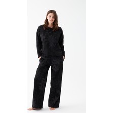 Akbeniz Kadın Oversize Siyah Çiçek Desenli Pamuklu Kalın Pijama Takımı
