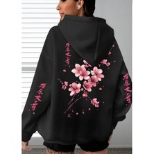 Amor Face Büyük Beden Özel Tasarım Kapüşonlu Şakura Sırt Baskılı Japon Stil Kadın Sweatshırt