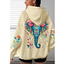 Amor Face Büyük Beden Özel Tasarım Mavi Fil Sırt Baskılı Kapüşonlu %100 Pamuk Oversize Kadın Trend Sweatshırt