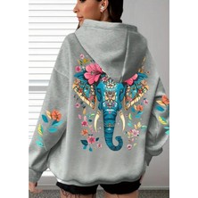 Amor Face Büyük Beden Özel Tasarım Mavi Fil Sırt Baskılı Kapüşonlu %100 Pamuk Oversize Kadın Trend Sweatshırt