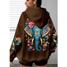 Amor Face Büyük Beden Özel Tasarım Mavi Fil Sırt Baskılı Kapüşonlu %100 Pamuk Oversize Kadın Trend Sweatshırt