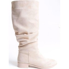 Les Passent Kadın Mika Bej Süet Düz Taban Büzgülü Diz Altı Boy Çekme Çizme