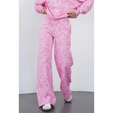 Penye Bizden Zenara Kadın 3 Iplik Şardonsuz Pamuk Geniş Paça Eşofman Altı-Pembe Baskılı