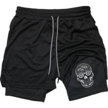 Maki Home Hızlı Kuruyan 2 In 1 Yetişkin Unisex Spor Mexican Skull Baskılı Taytlı Şort Fitness Gym Antrenman