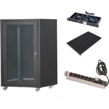Setrack 19'' 16U 600X600 Camlı Tekerlekli Rack Kabinet+Fan+Sabit Raf+Priz