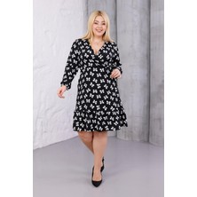 Madwilo Kadın Siyah Kurdele Desen Kruvaze Yaka Esnek Bel Büyük Beden Elbise