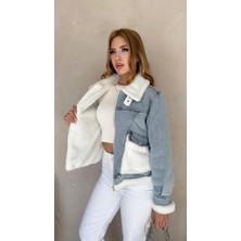 Kadın Kemer Detay Kürklü Kot Mont Buz Mavi