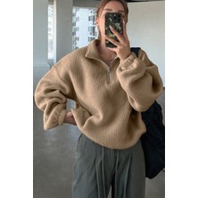 Ghassy Co. Kadın Ultra Isı Peluş Sherpa Oversize Yarım Metal Fermuar Lastik Ayarlı Polar Sweatshirt