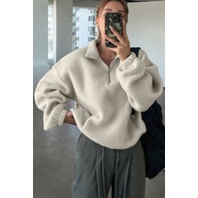 Ghassy Co. Kadın Ultra Isı Peluş Sherpa Oversize Yarım Metal Fermuar Lastik Ayarlı Polar Sweatshirt