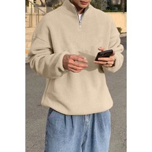 Ghassy Co. Erkek Ultra Isı Peluş Sherpa Oversize Yarım Metal Fermuar Lastik Ayarlı Polar Sweatshirt