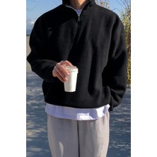 Ghassy Co. Erkek Ultra Isı Peluş Sherpa Oversize Yarım Metal Fermuar Lastik Ayarlı Polar Sweatshirt