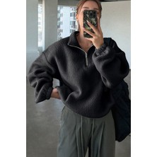 Ghassy Co. Kadın Ultra Isı Peluş Sherpa Oversize Yarım Metal Fermuar Lastik Ayarlı Polar Sweatshirt