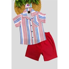 Dinamik çocuk Erkek Çocuk Renkli Çizgili Yazlık Kısa Kollu Gömlek Saten Şortlu 2li Takım Bayramlık Takım/tam Kalıp