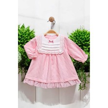 Dinamik çocuk Çiçek Nakışlı Dantel Detaylı Fiyonklu Elbise 0-2 Yaş Kendinden Desenli Kumaş