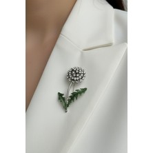 Modex Yeşil Yaprak Detay Taşlı Çiçek Motif Broş (6cm)