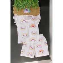 Dinamik çocuk Kız Çocuk Gökkuşağı Baskılı Nakışlı Kolu Fırfırlı 2'li Alt Üst Takım Yazlık Ince Kısa Kollu