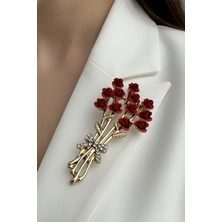 Modex Altın Sarısı Taş Detay Kırmız Gül Buket Broş (7cm)