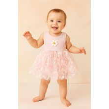 Dinamik çocuk Papatya Desenli Tüllü Elbise Üstü Fitilli Kolsuz Yazlık Alttan Çıtçıtlı Bodyli Kız Çocuk