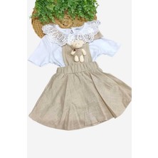 Dinamik çocuk Kız Çocuk Dantelli Badili + Ayıcıklı Keten Jile Elbise 2'li Takım Ayarlanabilir Askılıklı Bayramlık