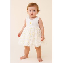 Dinamik çocuk Papatya Desenli Tüllü Elbise Üstü Fitilli Kolsuz Yazlık Alttan Çıtçıtlı Bodyli Kız Çocuk