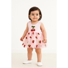 Dinamik çocuk Kirazlı Desenli Tüllü Elbise Üstü Fitilli Kolsuz Yazlık Alttan Çıtçıtlı Bodyli Kız Çocuk