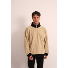 Moviment Erkek Bej Fermuarlı Yaka ve Kol Ucu Siyah Garni Detaylı Sweatshirt