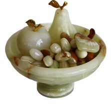 Taru Pasaj Doğal Oniks Taş Meyve Seti – 6 Inç Ayaklı Çanak, El Yapımı Armut-Elma-Üzüm Dekor, Beyaz & Kahve Desenli