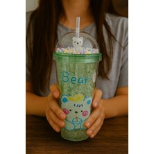 Deco Elit Çılgın Bear Suluk Pipetli Buzlu Cam Görünümlü 450 ml Çift Katman Sevimli Mika Suluk 2093 Yeşil