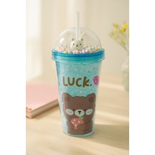 biton  çılgın bear suluk pipetli buzlu cam görünümlü 450 ml çift katman mika sevimli suluk 2093 mavi