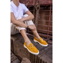 Kadın Angelina Jones Sarı Suet Loafer Ayakkabı Gerçek Deri Malzeme ile Düz Taban Tasarımı