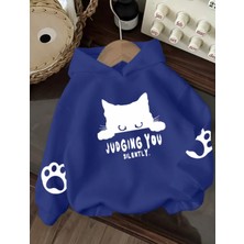 Kids Face Özel Tasarım Kapüşonlu Judging You Kedi Baskılı %100 Pamuk Oversize Kız Çocuk Sweatshırt
