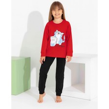 Rapapa Kız Çocuk  Uzun Kollu Pijama Takımı - Sevimli Kedi Desenli 8411 Kırmızı