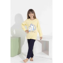 Rapapa Kız Çocuk Sarı Uzun Kollu Pijama Takımı - Sevimli Kedi Desenli 8411 Sarı